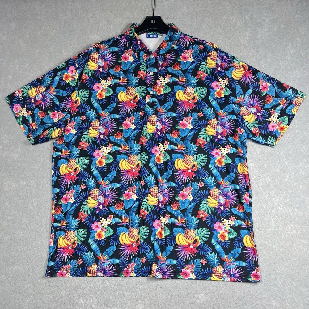 Hreski Golf Polo Shirt Mens Size XXL Tropical Fruits All Over Print Stretch